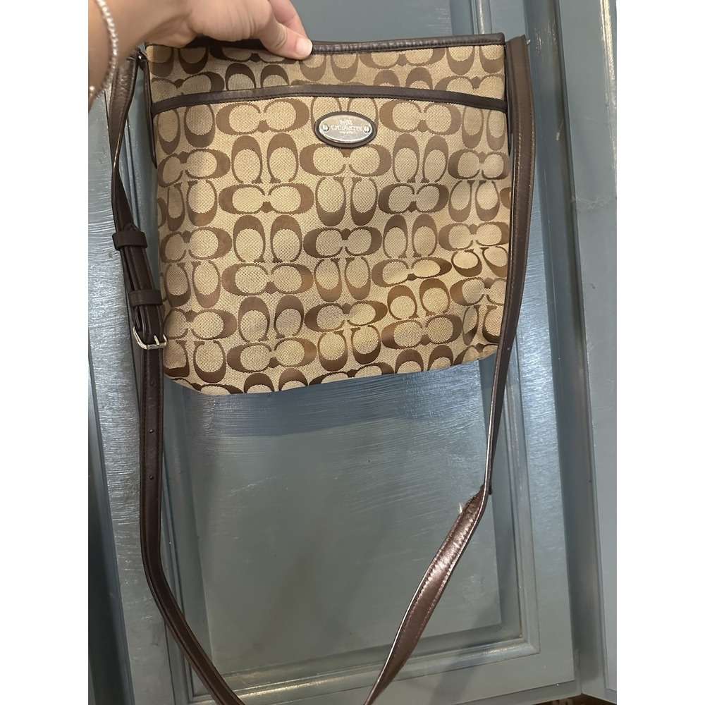 Coach Signature C Jacquard Crossbody Bag Brown Leather Adjustable Strap